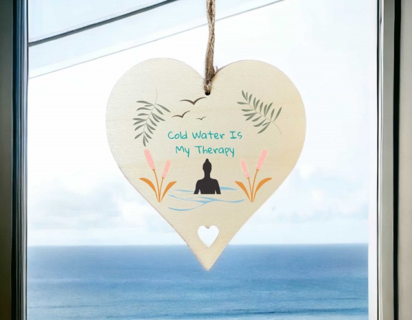 Cold Water Is My Therapy Wooden Hanging Heart Gift Sign - Female Silhouette